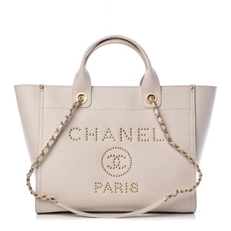 CHANEL Caviar Small Studded Deauville Tote Ivory